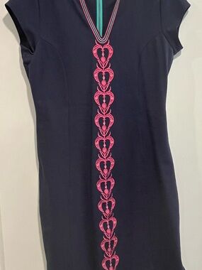 Hatley Navy Short-Sleeve Tunic Dress with Pink Center Embroidery